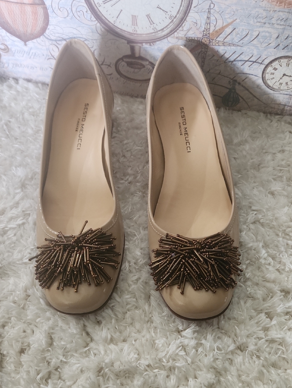 Sesto Meucci Nude/Beige Patent Leather Slip On Shoes with Bronze Bead Accent